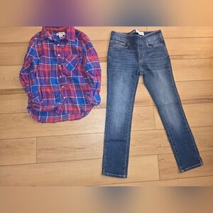 Plaid Button-Up Shirt With Jeans Size 7-8